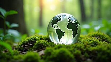 Glass Globe Depicting Continents Resting on Lush Green Moss