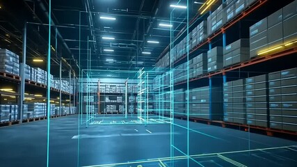 Futuristic warehouse interior with digital blueprints overlaying shelves and storage areas - Powered by Adobe