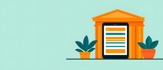 Obraz premium A digital tablet sits in front of a classical bank building, flanked by two potted plants, symbolizing online banking.