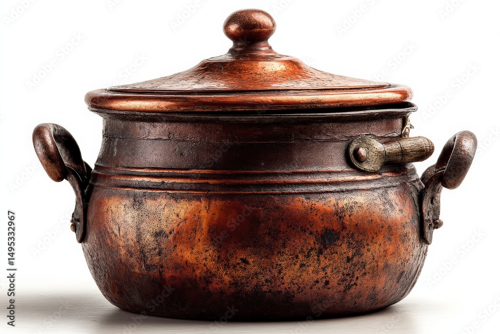 Poster antique copper cooking pot with a lid showcasing intricate craftsmanship and rustic charm in a vinta