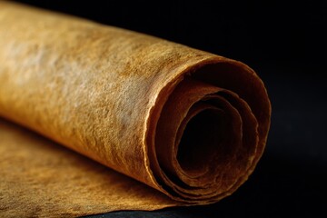 Rolled Parchment Paper on Dark Surface, Ideal for Craft Projects and Historical Storytelling, Emphasizing Preservation and Tradition : Generative AI