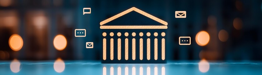 A digital graphic of a classical government building surrounded by email and chat icons, symbolizing digital communication in public administration.