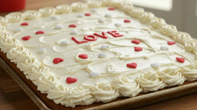 Frosted sheet cake with 'LOVE' and heart decoration
