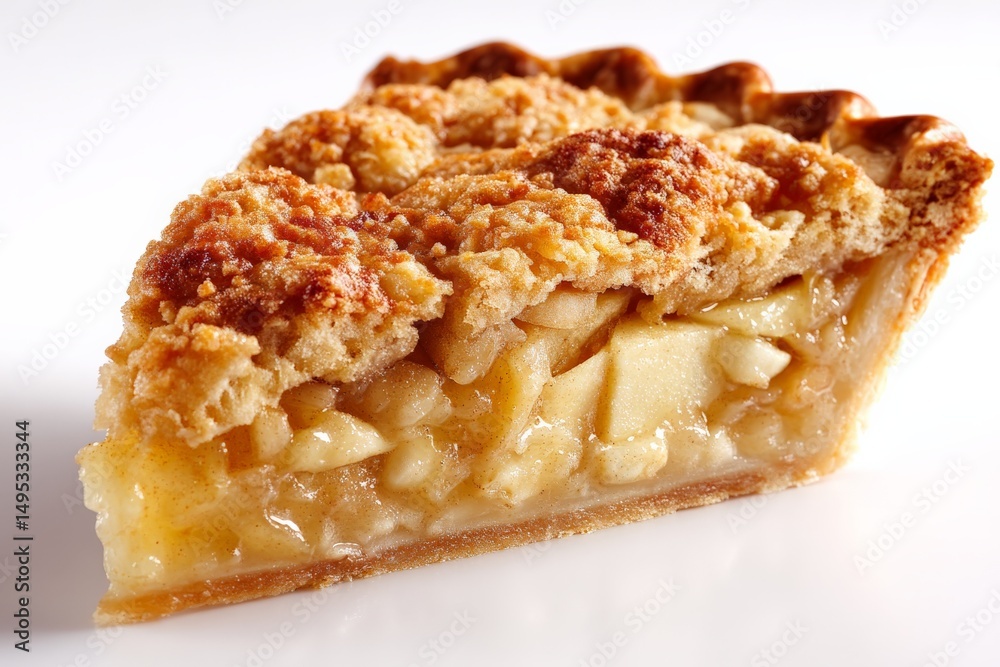 Poster delicious slice of homemade apple pie with crumb topping served on a clean white plate