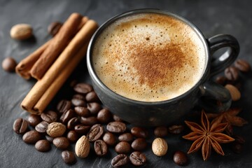 Fototapeta premium Delicious coffee served with spices and roasted beans on a dark surface at a cozy café setting