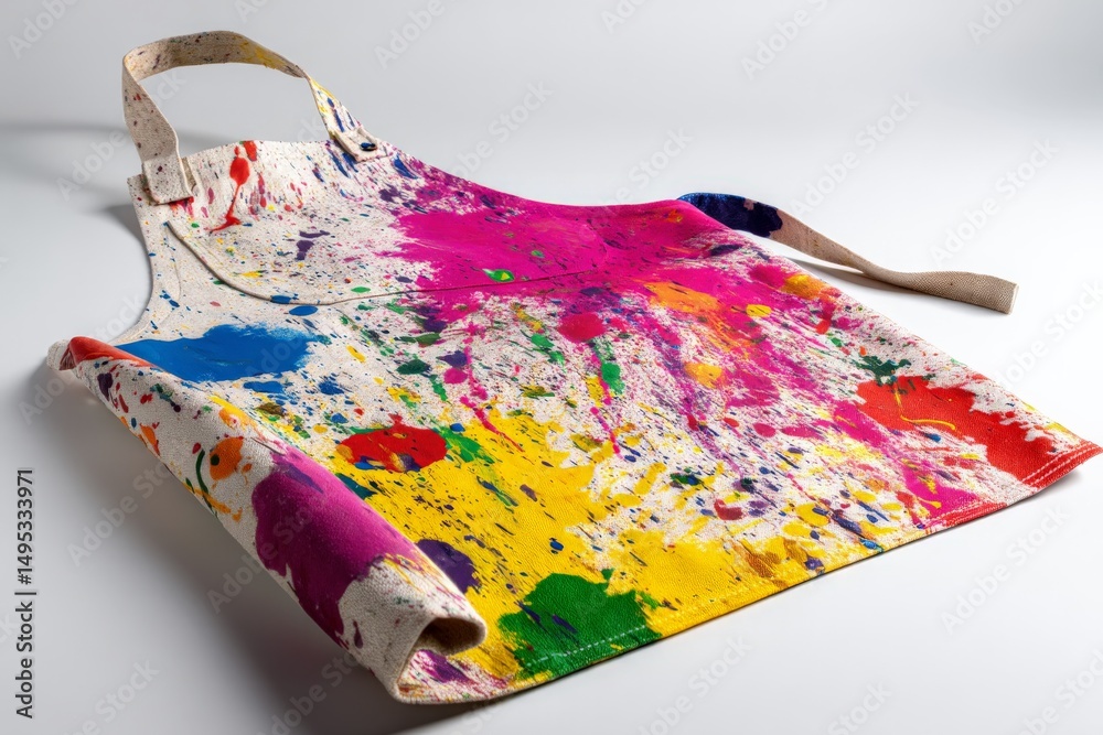 Poster Colorful art apron with vibrant splashes displayed on a plain background for artistic inspiration