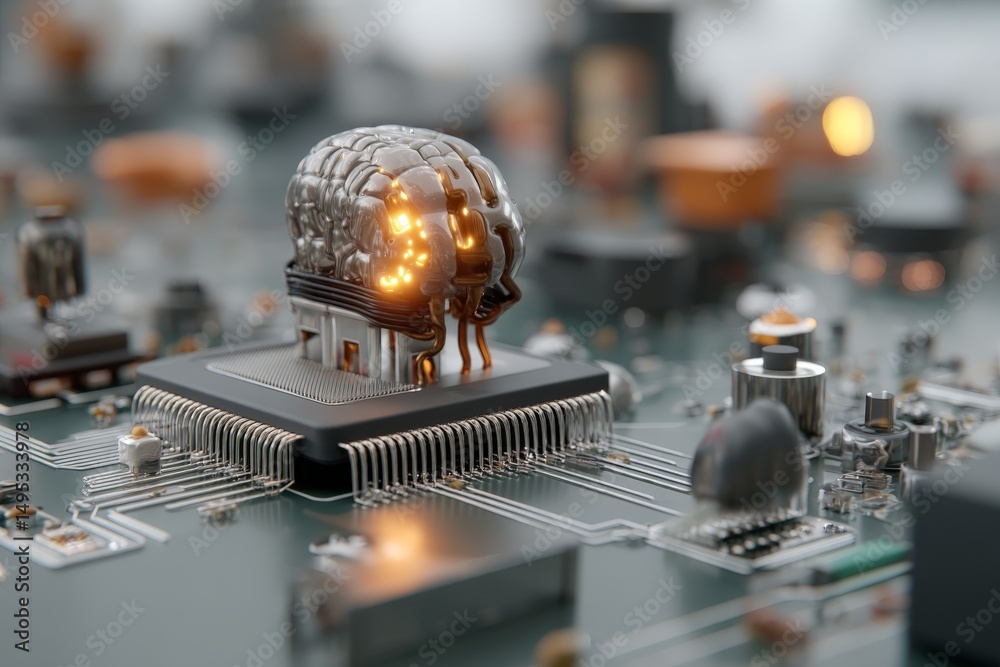 Poster Innovative fusion of technology and art showcased in a detailed circuit board featuring a futuristic brain design