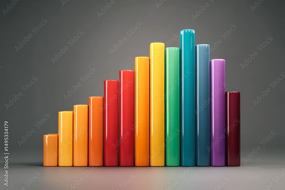 Poster Colorful bar graph representing data progression with a gradient of vibrant hues during a studio setting
