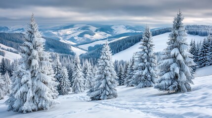Fototapeta premium Winter Wonderland Scene with Snow-Covered Trees and Mountains