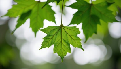 Fototapeta na wymiar Vibrant close-up shot of fresh, green maple leaves, with a blurred background