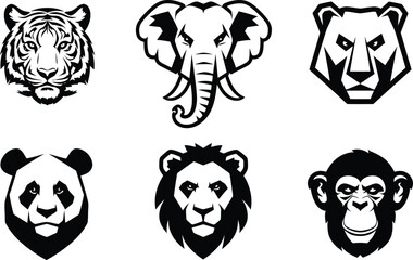 Fototapeta premium Wild Animal head Vector Logos Set| Animal mascot icon| animal line art| artwork silhouette collection vector illustration