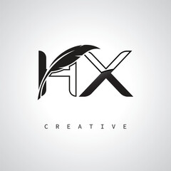 HX Letter Logo with Feather Pen – Elegant Monogram for Creative Branding and Identity Design