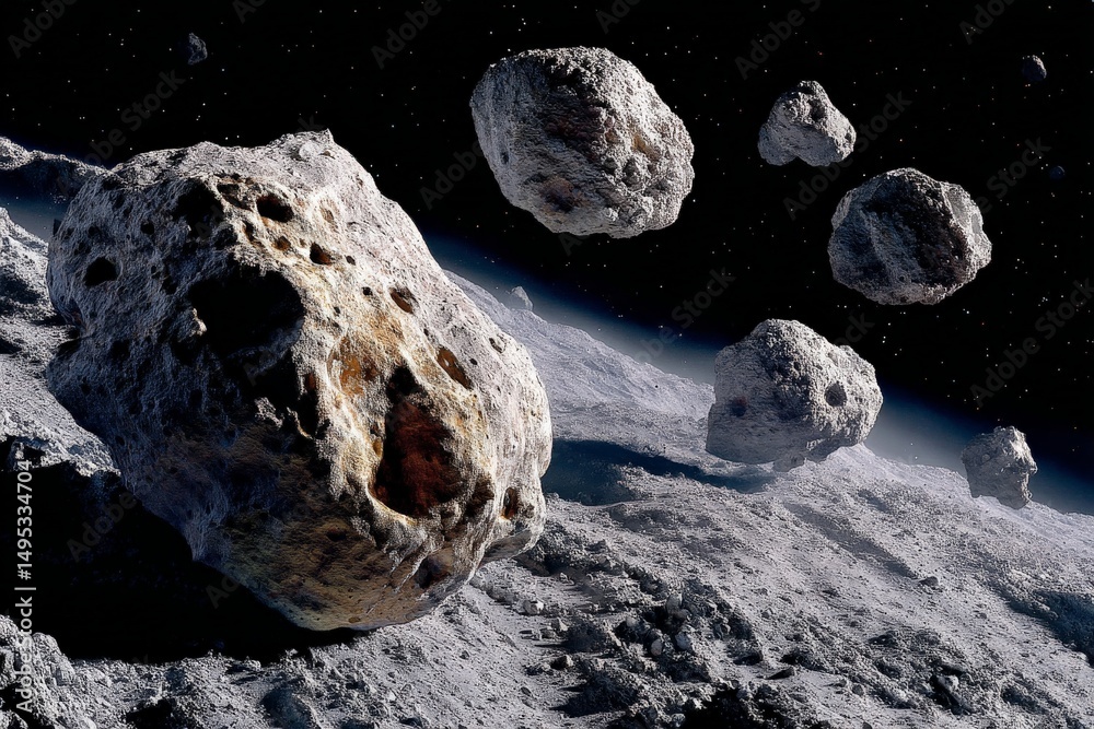 Poster asteroids floating in space above the lunar surface during a clear night
