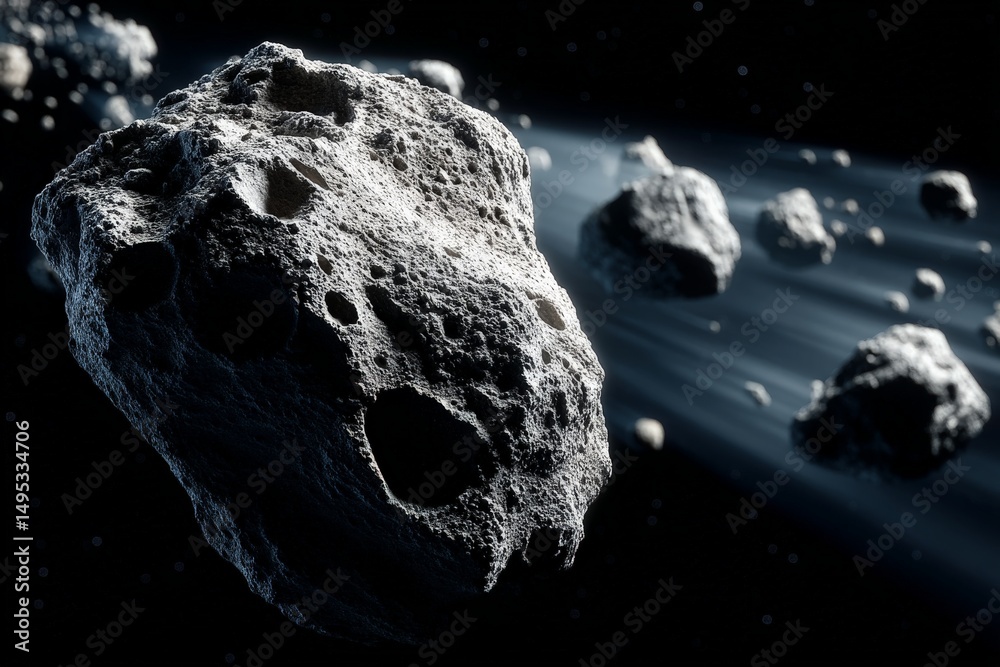 Poster asteroids floating in space with light beams illuminating their rocky surfaces during a cosmic journ