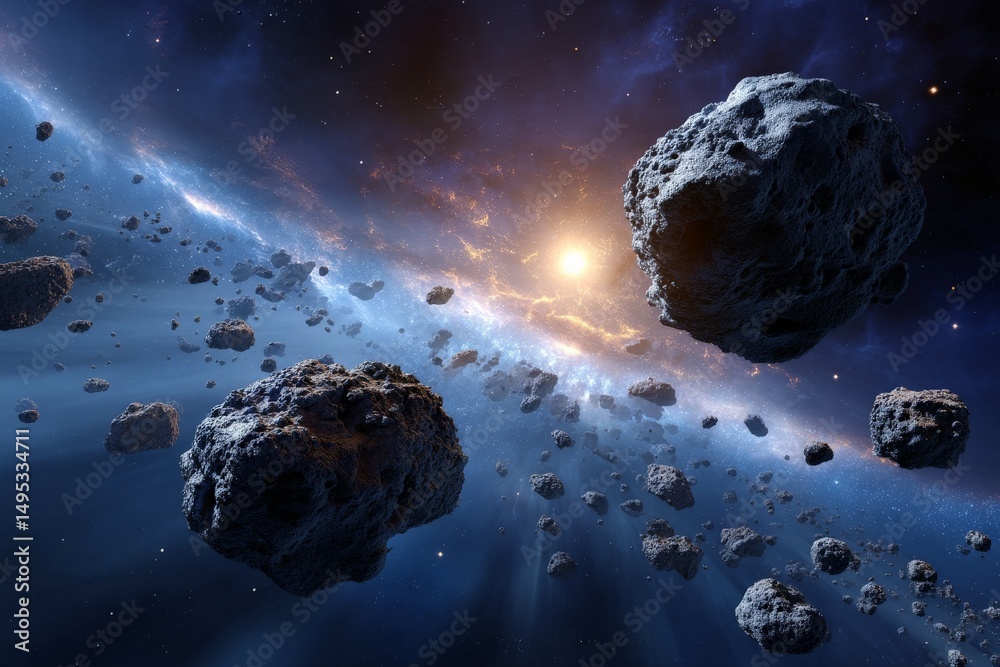 Poster breathtaking view of a cosmic asteroid belt with distant stars in the background during a vibrant ga