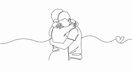 Intimate and elegant minimalist line drawing of a couple in a loving embrace, created with a continuous stroke.