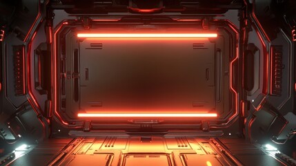 Futuristic red-lit spaceship interior; empty frame
