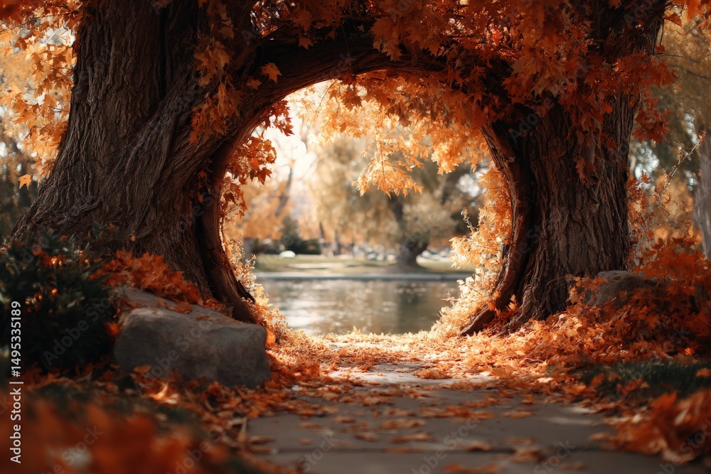 Aufkleber colors of autumn frame a tranquil pond in a peaceful park setting