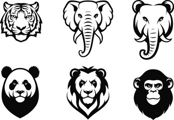 Wild Animal head Vector Logos Set| Animal mascot icon| animal line art| artwork silhouette collection vector illustration