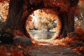 Colors of autumn frame a tranquil pond in a peaceful park setting