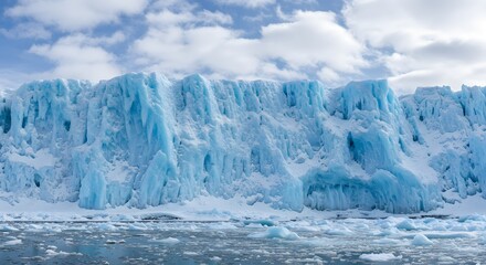 Ice wall. Dramatic ice wall rising from the frozen ground, showcasing natural patterns and depth, suitable for travel imagery, arctic visuals, or environmental design.
