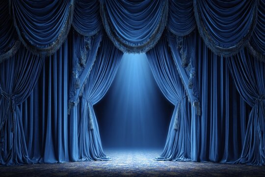 Blue velvet curtains part to reveal a spotlight on an empty stage for a performance at a theater venue