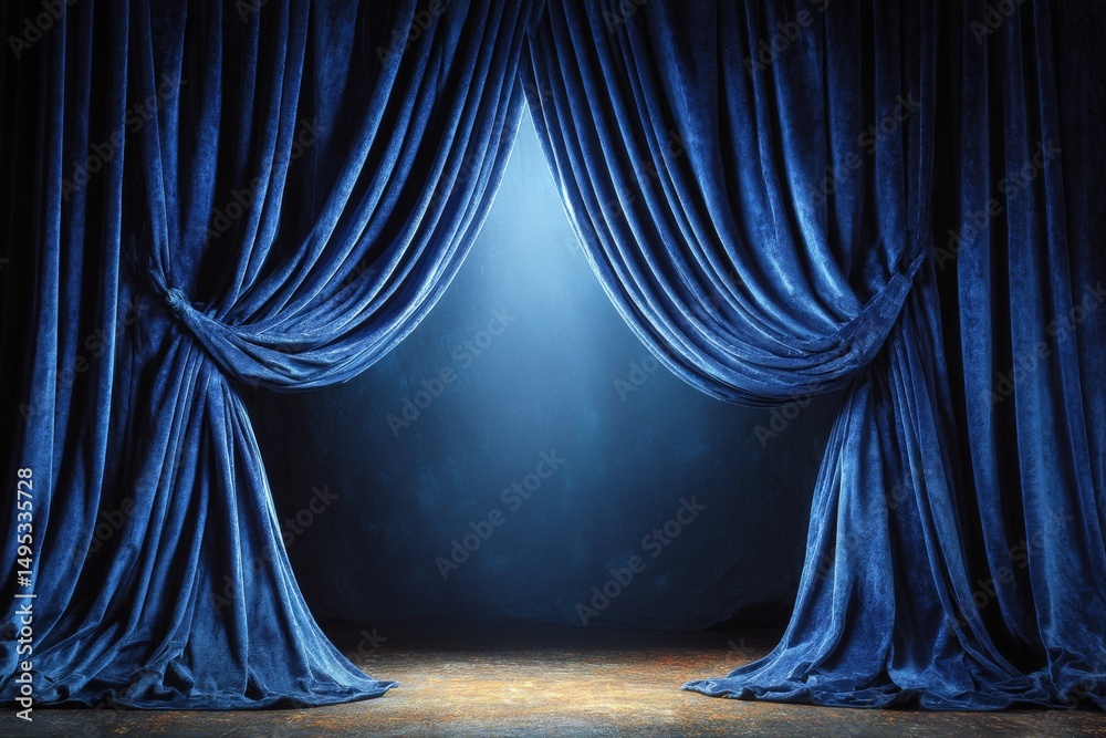 Poster curtains parting to reveal a stage illuminated by soft blue light in a theater setting