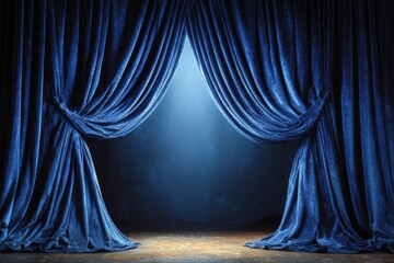 Curtains parting to reveal a stage illuminated by soft blue light in a theater setting