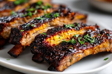 Savory grilled ribs served on a platter with fresh herbs garnishing at an outdoor barbecue gathering during summer