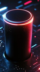 Futuristic smart speaker, neon lights, tech background, website banner