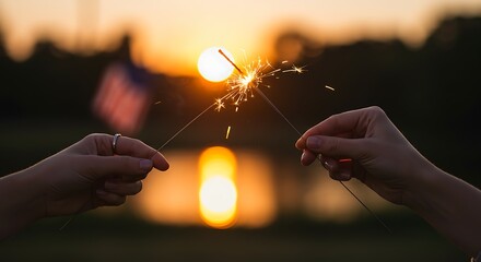 Celebrating Independence Day with sparklers at sunset