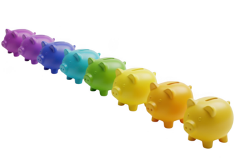 Rainbow piggy banks in a row isolated on transparent background