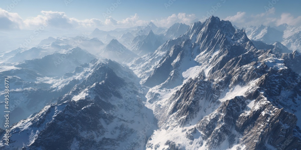 Poster snowy mountain range aerial view with clouds, ideal for adventure tourism and environmental conserva