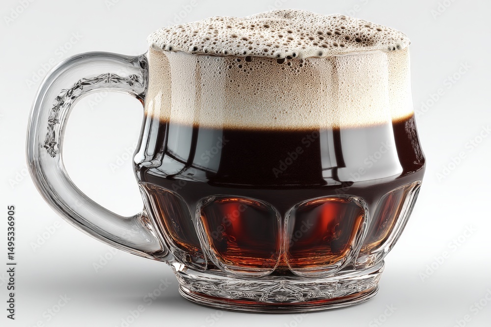 Poster frothy dark beer in a glass mug on a neutral background captures the essence of a refreshing drink
