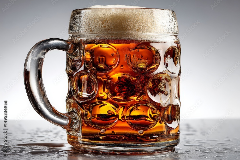 Aufkleber refreshing glass of amber beverage with frothy top set against a clean background in a bright settin
