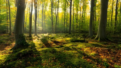 Fototapeta premium Golden Forest Path: Sunlight streams through the canopy of a lush forest, illuminating a mossy path that winds through the trees. The autumnal colors paint a serene and magical scene.