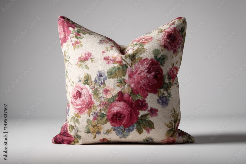 Poster decorative floral pillow rests on a simple surface in a well-lit indoor space showcasing vibrant col