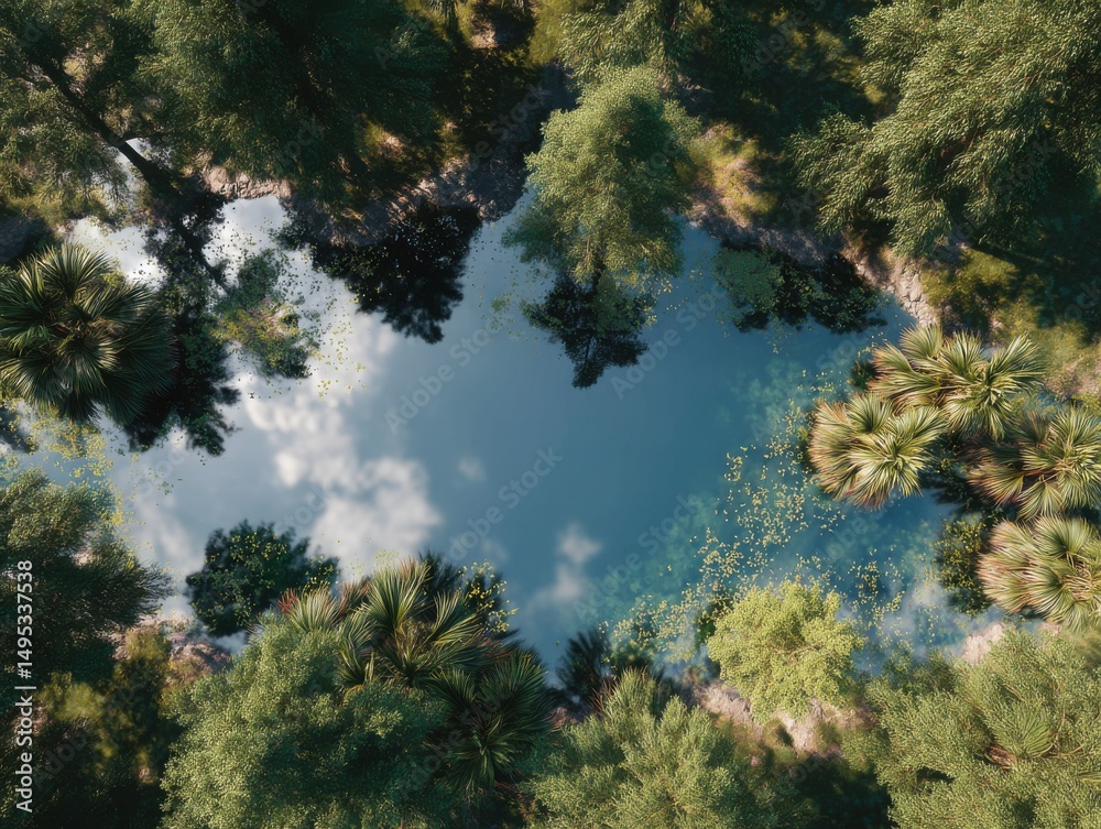 Poster aerial view of a secluded pond surrounded by lush trees, symbolizing environmental awareness and con