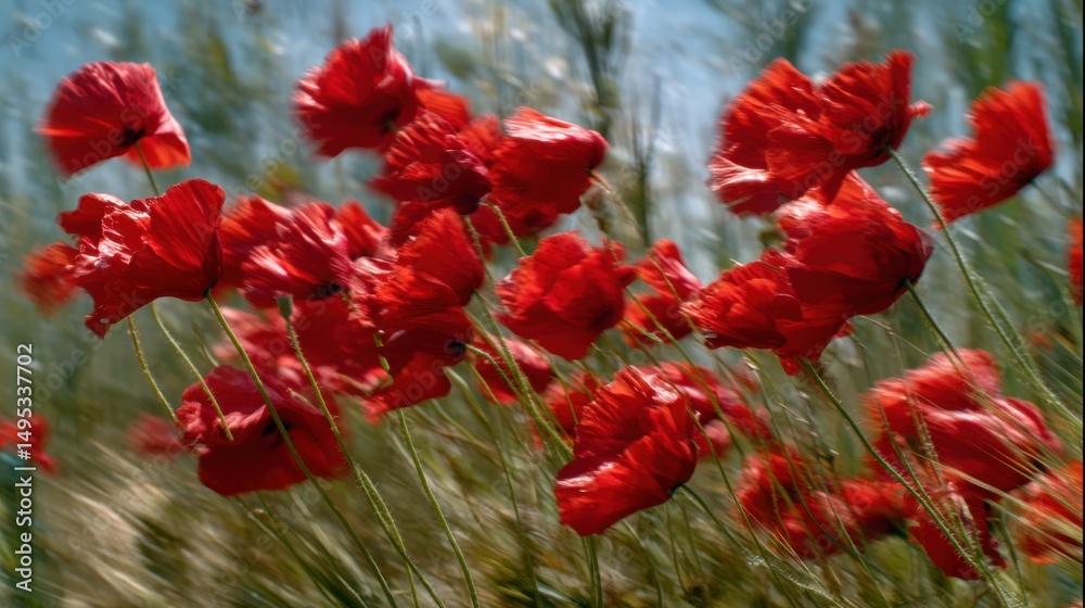 Poster field of red poppies swaying in the wind, representing remembrance and memorial day celebrations wit