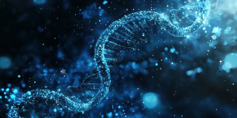 Visualization of a DNA double helix structure glowing in blue against a dark background, symbolizing genetic research and innovation