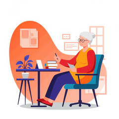 Fototapeta premium Elderly woman writing notes while sitting at desk in modern home office 