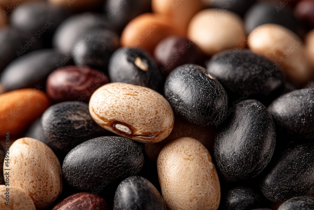 Poster Various types of dried beans displayed close up, showcasing colors and textures in a natural setting