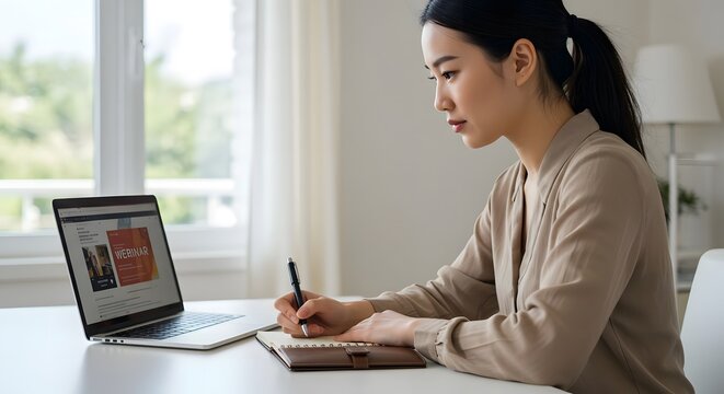 Woman Attending Webinar and Taking Notes at Desk