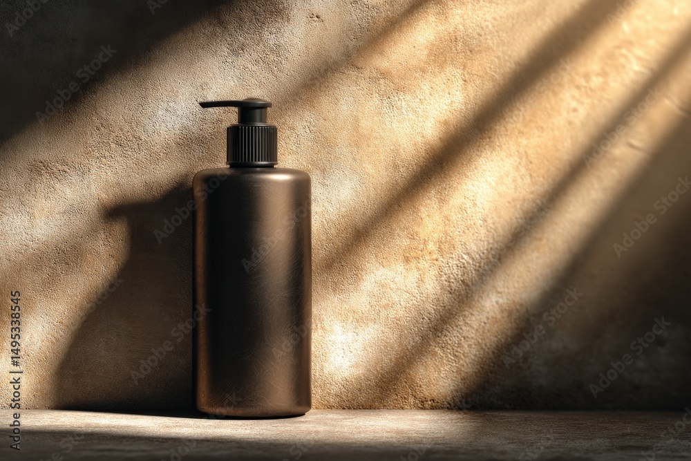 Poster bottle of liquid standing on a textured surface with dramatic shadows from soft afternoon light