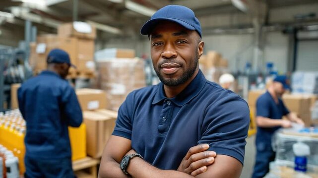 Confident Factory Worker: A portrait of a confident and skilled factory worker, arms crossed, wearing a navy blue polo shirt and cap.