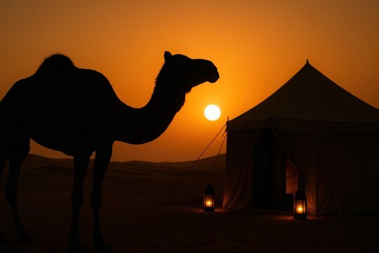 Camel silhouette and tent in desert during sunset with two lanterns illuminating the entrance