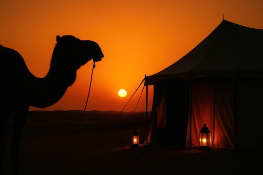 Camel silhouette standing near illuminated tent at sunset in a desert landscape creating a peaceful and exotic atmosphere - Powered by Adobe