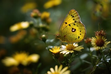 Close-Up of a Yellow Butterfly on a Flower in a Garden, Symbolizing Renewal and Environmental Awareness, Perfect for Nature Conservation Campaigns : Generative AI