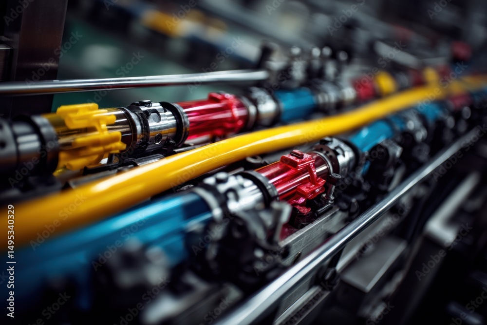 Poster Industrial Printing Machine With Colorful Rollers, Showcasing Manufacturing Precision and Technological Advancement in Production Processes : Generative AI