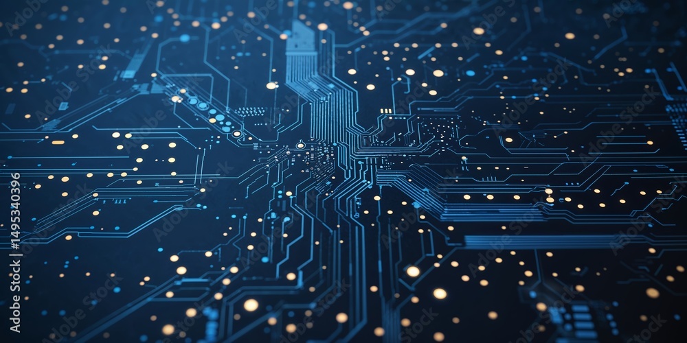 Poster digital circuitry network with glowing nodes and intricate patterns showcasing modern technology adv